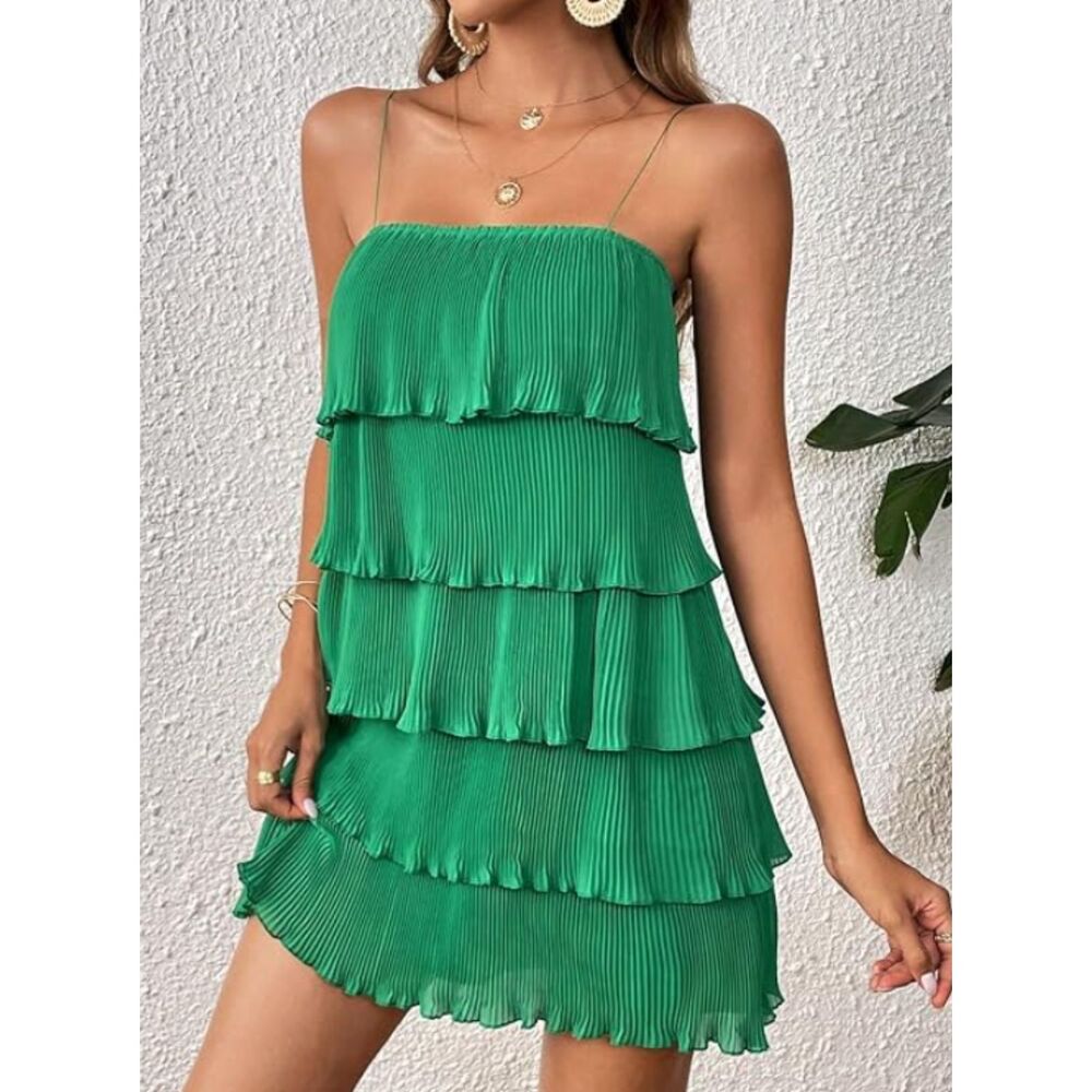 Shein Mini Dress L Women's Green Spaghetti Strap Ruffle Tiered Pleated Party